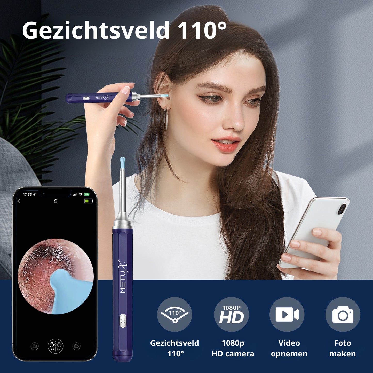 MetuX® Oorsmeerverwijderaar met Camera Blauw- Ultra HD Camera